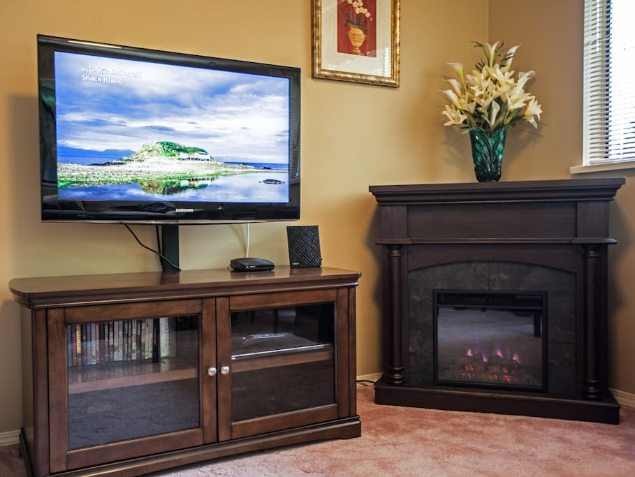 Large LCD TV with Cable and a DVD selection.