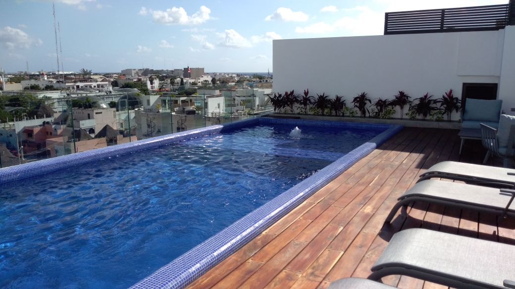 A rooftop swimming pool is showcased with clear blue water, surrounded by a wooden deck. Lounge chairs are positioned beside the pool, while tropical plants line the edge, contributing to a tranquil setting overlooking the cityscape.