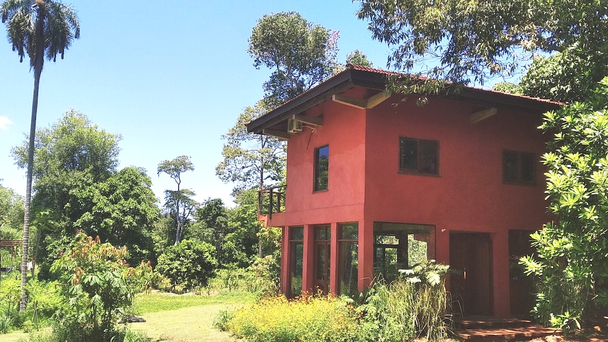 The two-story house features a vibrant red exterior and large windows, surrounded by lush greenery. A spacious garden with various plants and trees is visible, enhancing the natural setting. Sunlight streams into the area, creating a bright and inviting atmosphere.