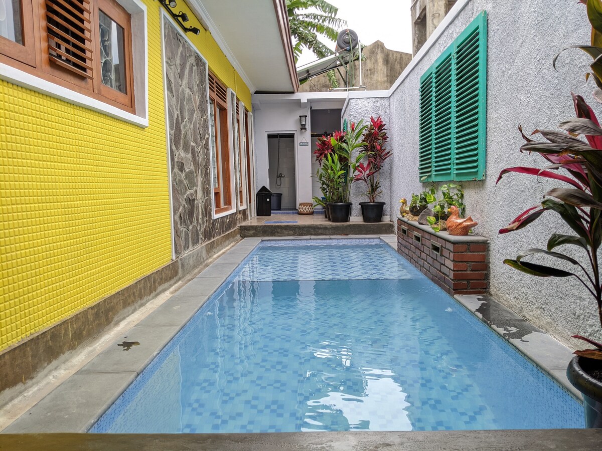 A private pool is framed by brightly colored walls, with one side featuring textured stone and the other a vibrant yellow surface. Lush plants are arranged strategically along the edges, contributing to a serene outdoor space. Sunlight reflects off the clear water, enhancing the inviting atmosphere.