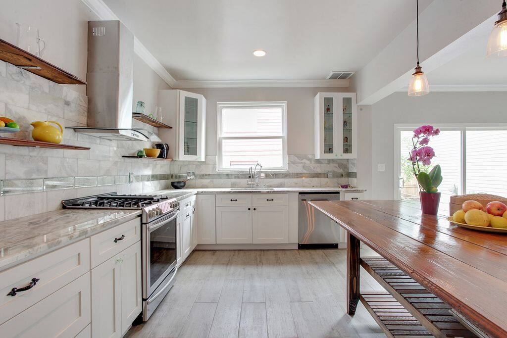 Kitchen, with island to sit at for coffee and tea