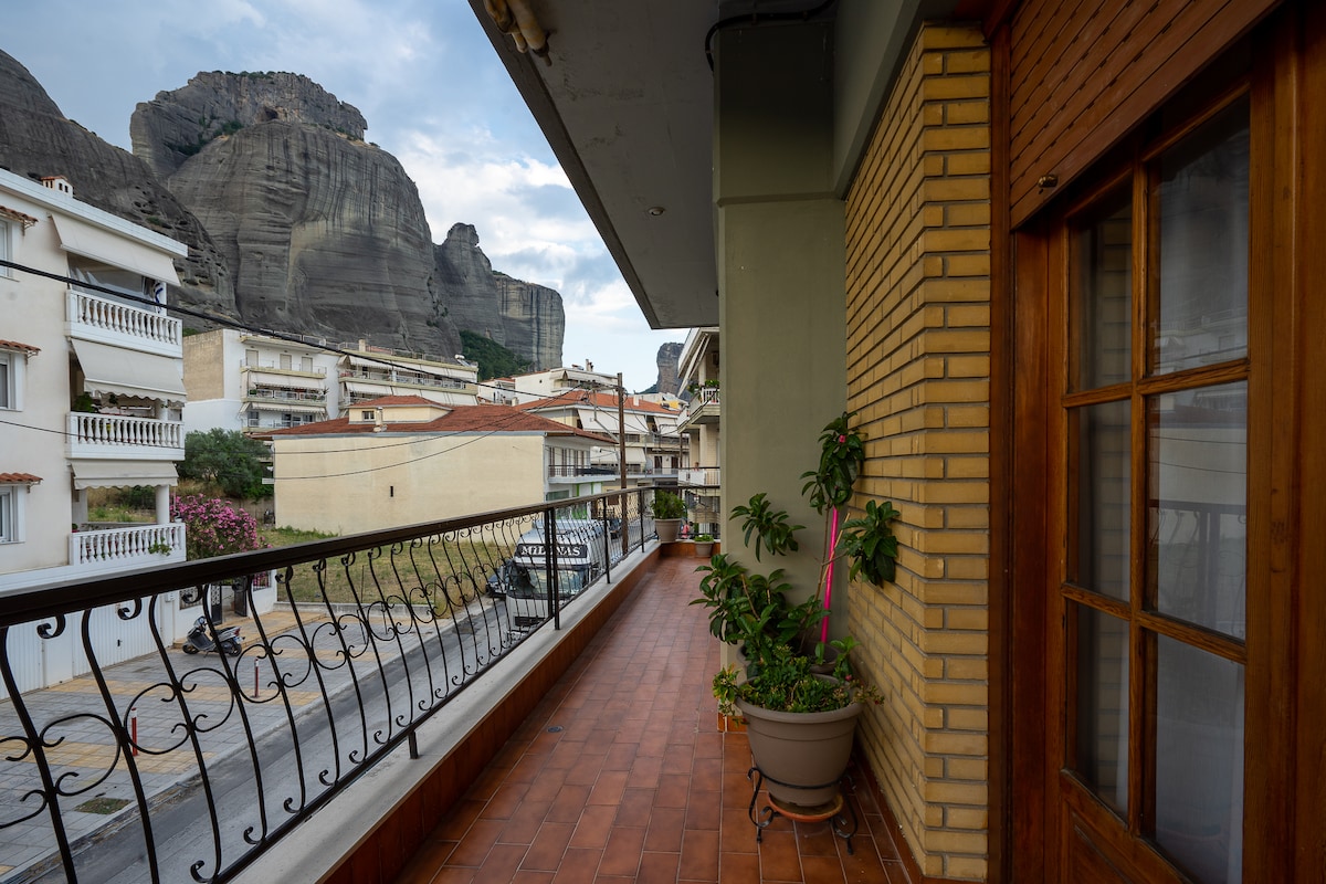A spacious balcony is depicted, featuring terracotta tiles and a railing with ornamental details. Potted plants add greenery, while a view of rocky cliffs is visible in the background. The surrounding buildings line the street below, showcasing the neighborhood.