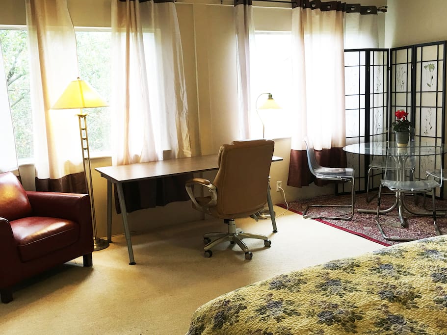 desk and computer chair, electrical outlets to power your gadgets