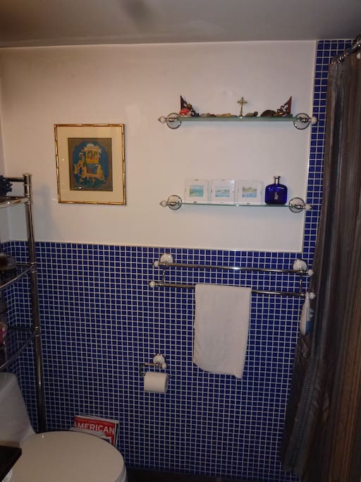 Blue-glass tiled bathroom