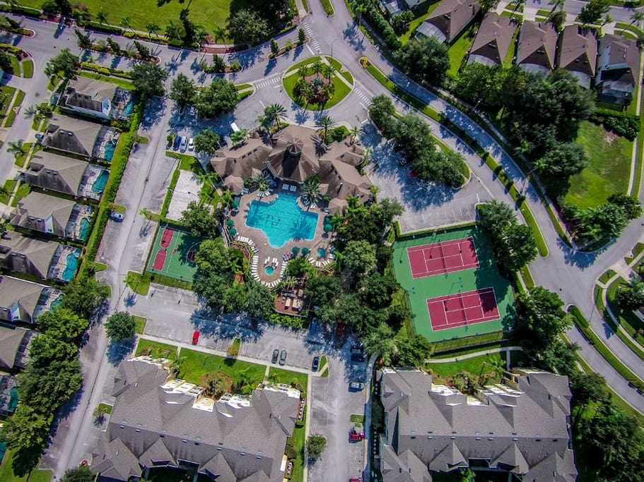 Aerial view of sports area and club house