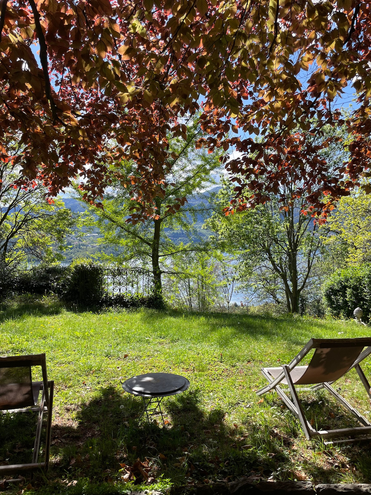 A serene outdoor setting is displayed, featuring lush green grass bordered by vibrant autumn foliage. Two folding chairs are positioned near a small table, overlooking a tranquil lake framed by trees, providing a calming view of nature.