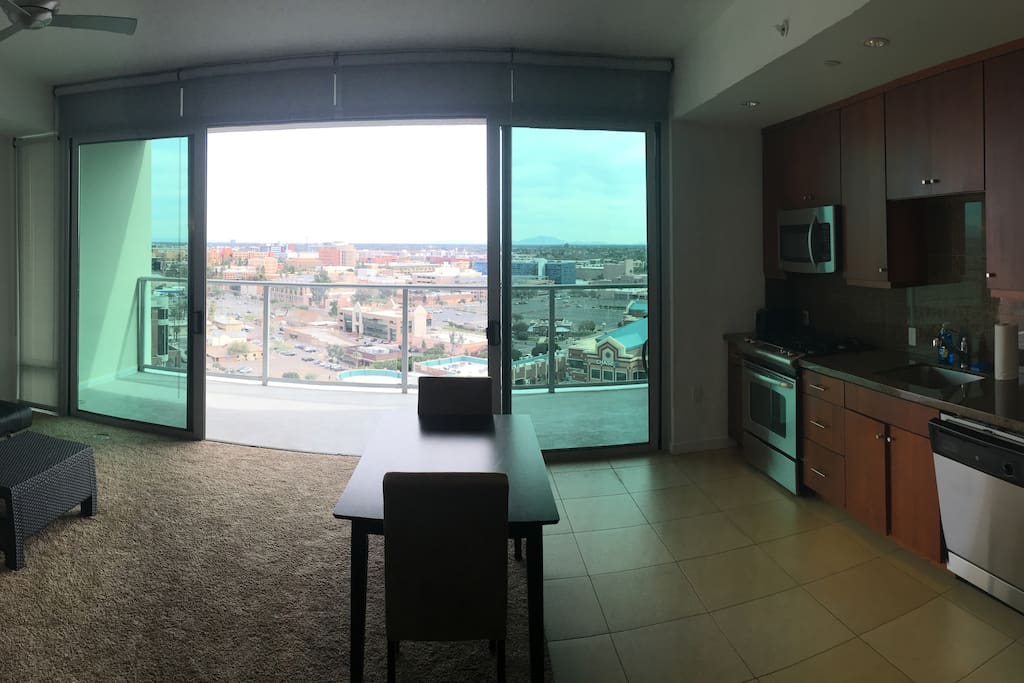 Living area with doors open.