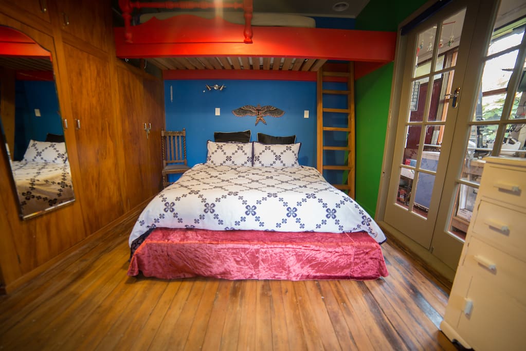 Comfy king sized bed. Bunk above for an adult or a child over aged 6
