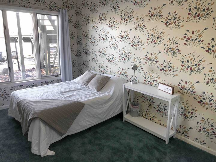 Private bedroom (full size bed), window overlooking lake, keyed locking door. 