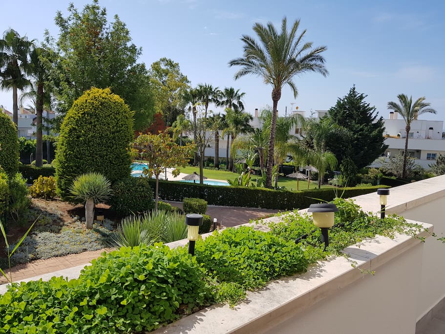 From the terrace, you can enjoy the tropical garden & pool view...and watch the kids swimming!
