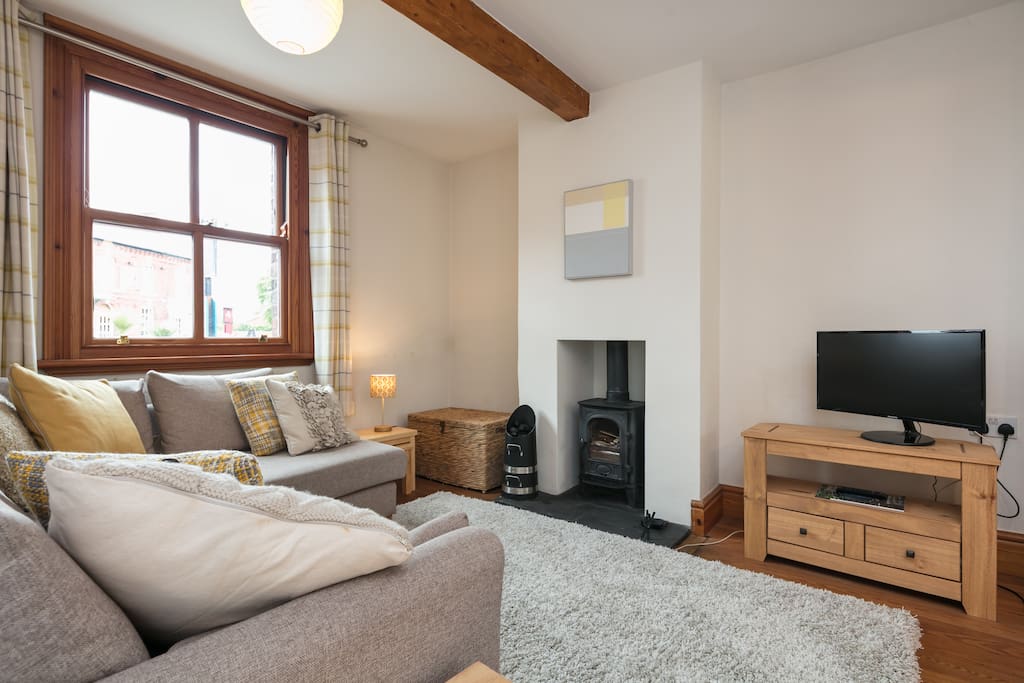 All you need to get the fire going is in the basket next to the fire. The basket is also home to the speedy wifi to connect to the internet!