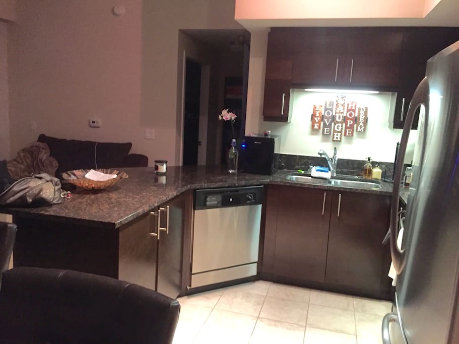 Our kitchen is the biggest part of our 1 bedroom and has all the amenities you could want including a latte machine, ice machine, nutria-bull