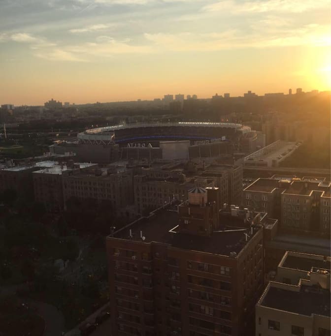 Yankee Stadium, seen from our balcony at dusk...