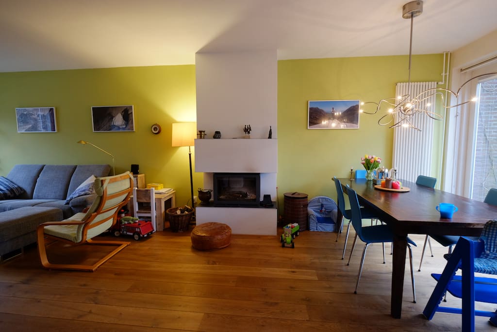 Woodstove in center of living room