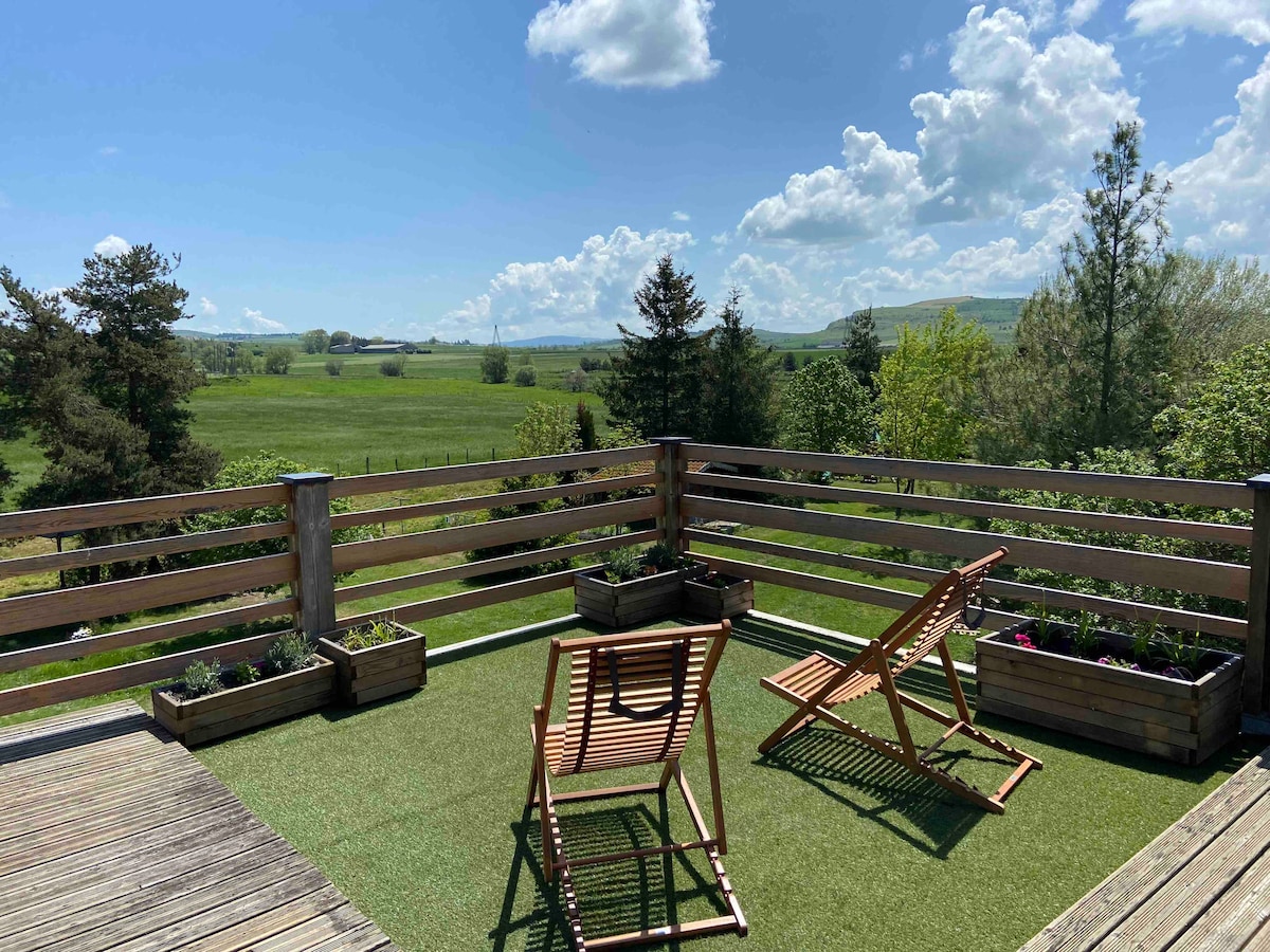 A spacious private terrace features two wooden lounge chairs overlooking a lush, green landscape. Planters with various plants line the railing, adding a touch of nature. The sky is bright with scattered clouds, enhancing the tranquil outdoor setting.
