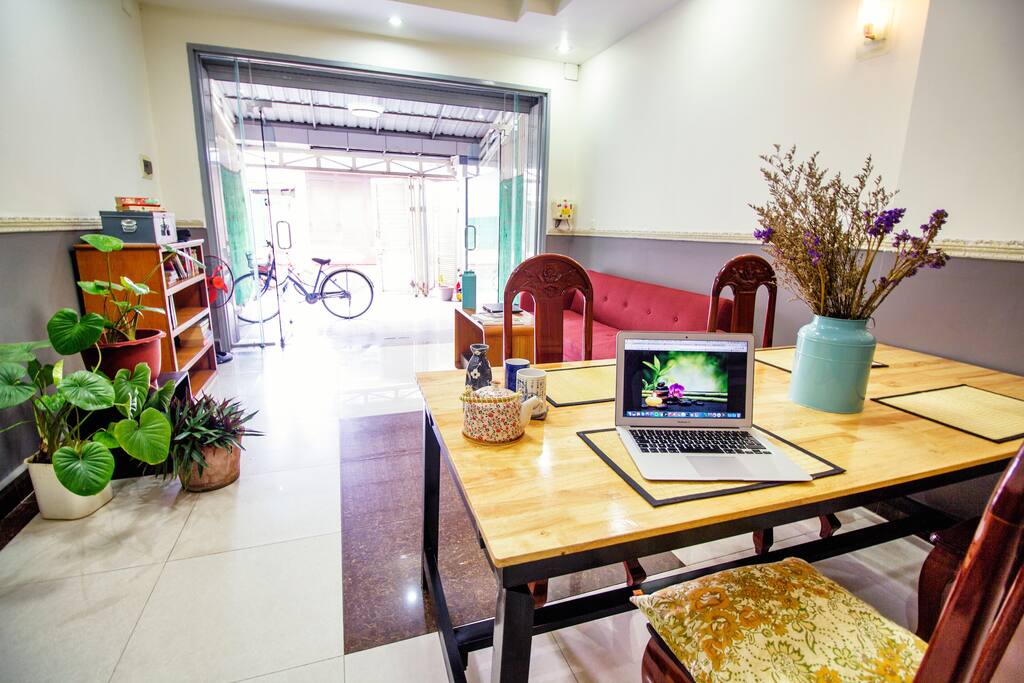 Ground-floor living room and dining room with a large table