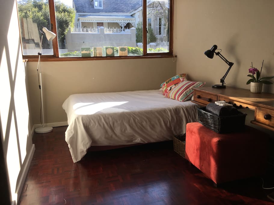 Available bedroom with double bed, desk and cupboard