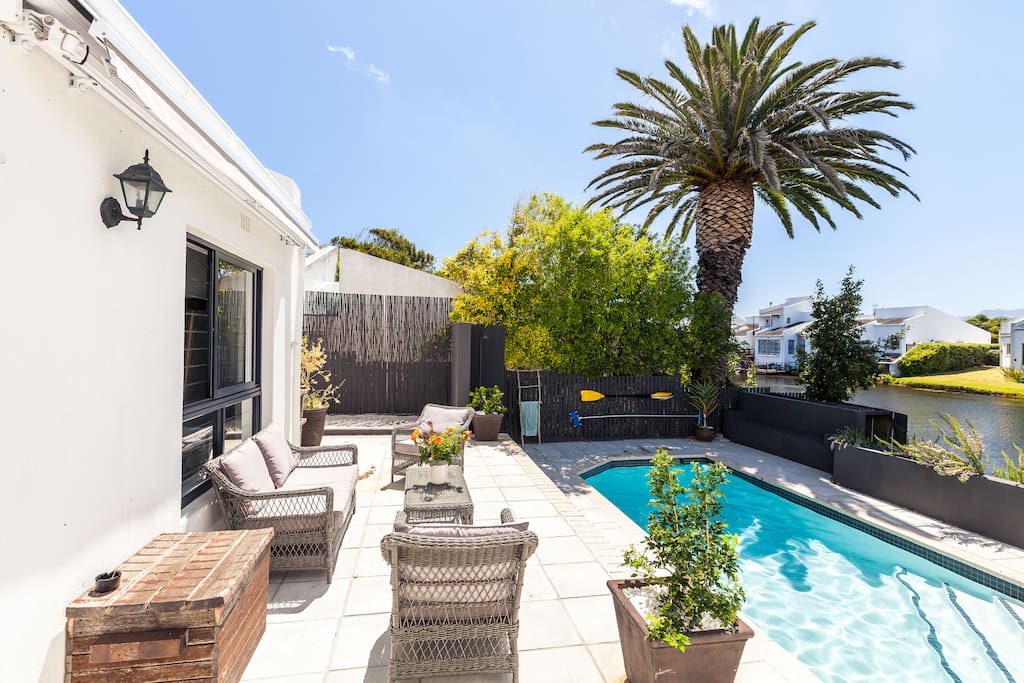 Main terrace with pool and retractable awning