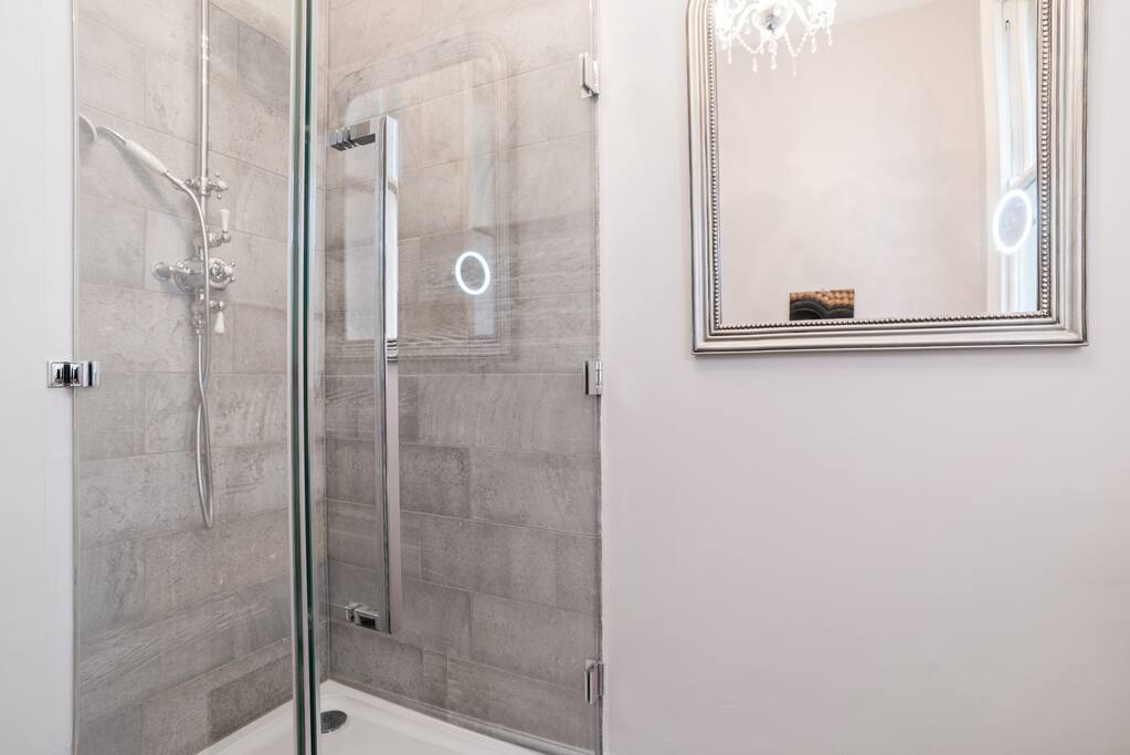 Modern walk-in shower.