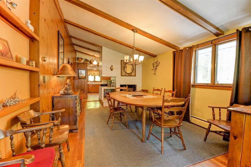 Family style Dining Room with Wood Burning Stove