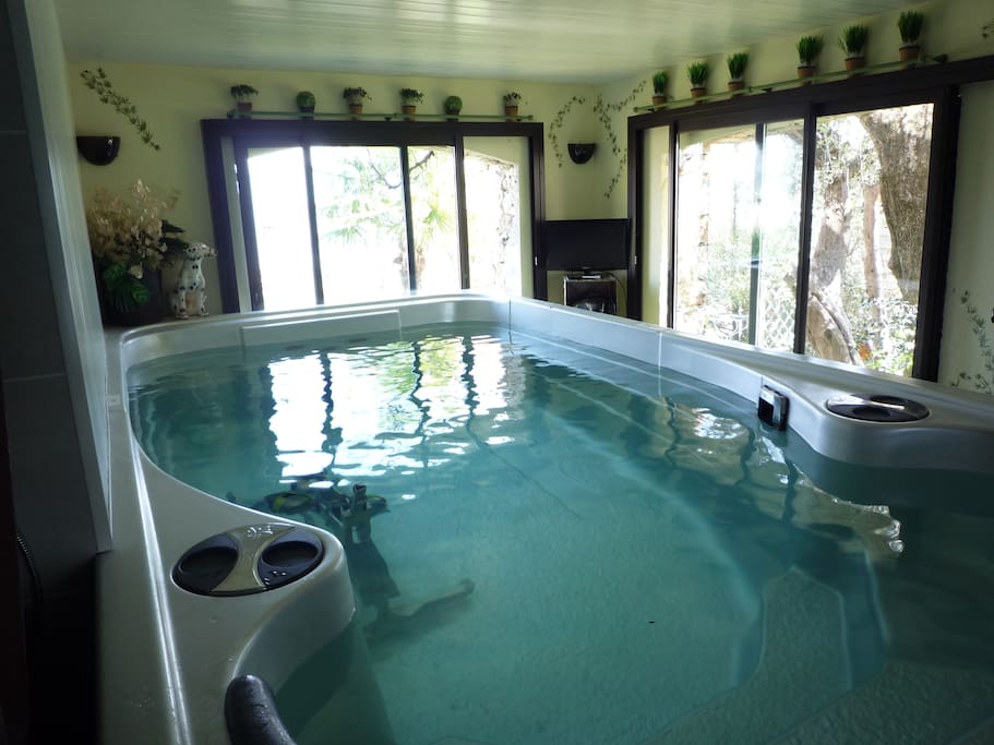 vue d'ensemble du spa de nage baies vitrées donnant sur le jardin