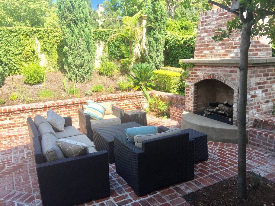 Outside fireplace and seating