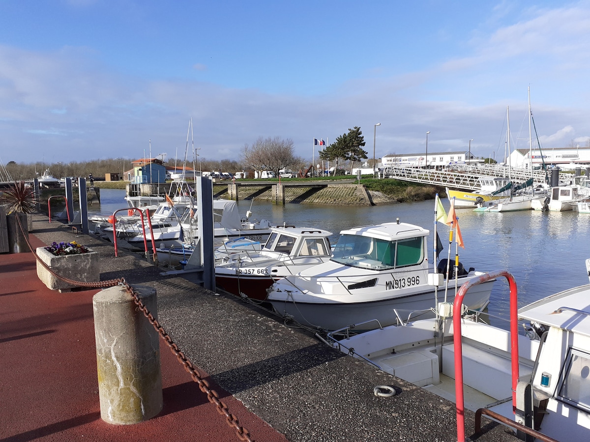 Boats are visible at a harbor, lined along a quay with a smooth walkway. The water is calm, reflecting the blue sky and scattered clouds. Nearby structures include a building with large windows, possibly serving as a marina office or restaurant, with flags gently fluttering in the breeze.