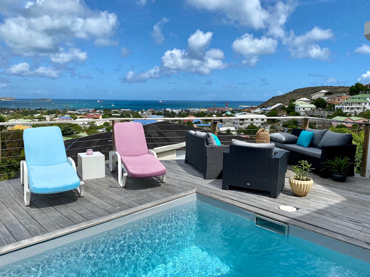 An outdoor terrace features a pool, with a view of the Caribbean Sea in the background. Two loungers, one pink and one white, are positioned near the water. A seating area with dark wicker furniture and a small side table invites relaxation, surrounded by greenery.