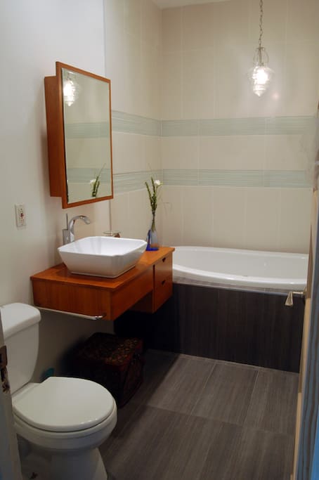 Recently renovated, European-style bathroom.
