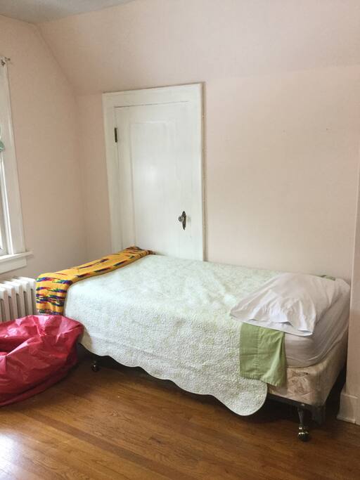 Single bed and beanbag chair