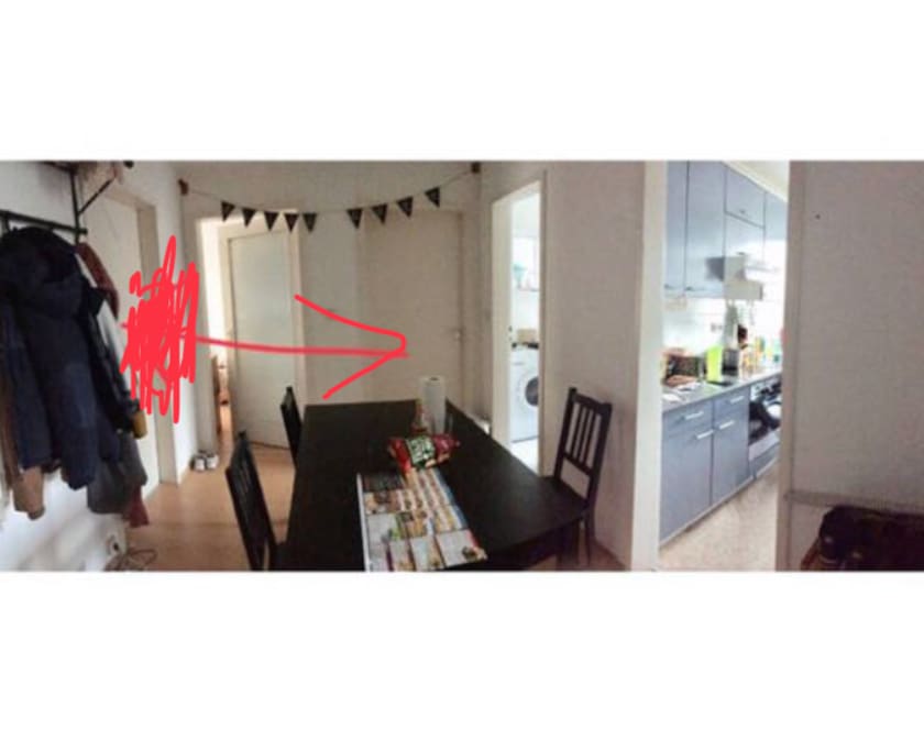 As soon as you enter the apartment, you’ll see the dining table. The room rented will be the one pointed by the arrow.