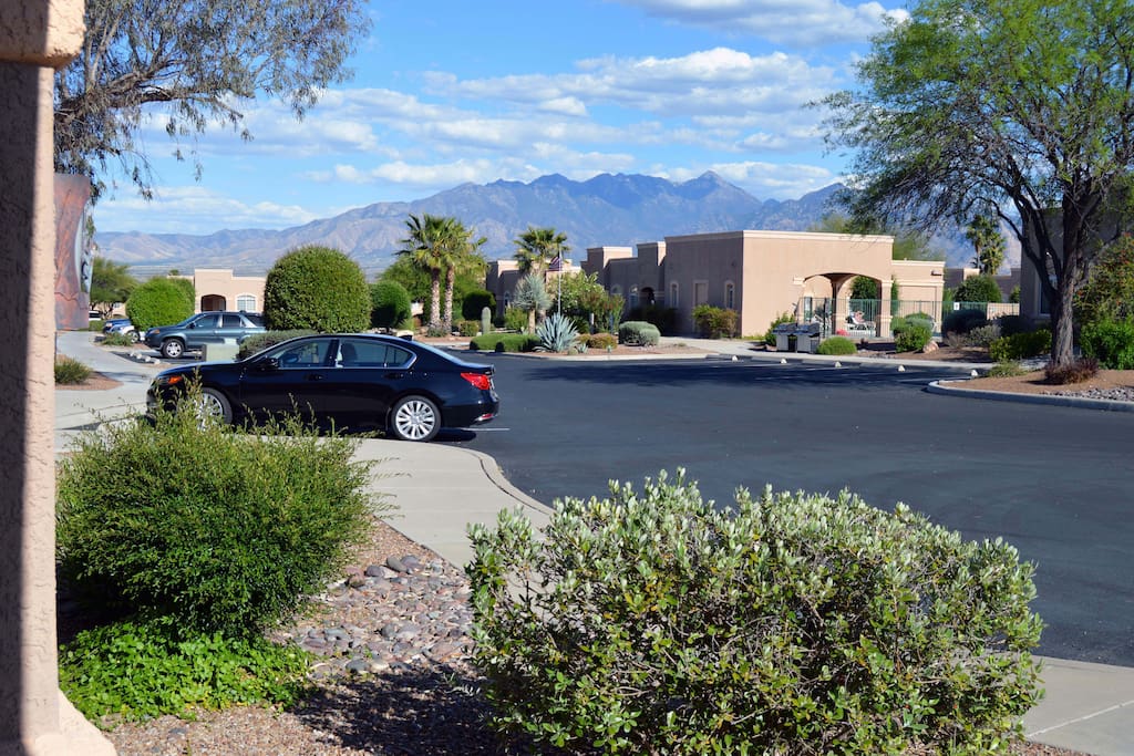 From our front door guest have a view of the Santa Rita mountains. The pool entrance is on the right side of the photo.