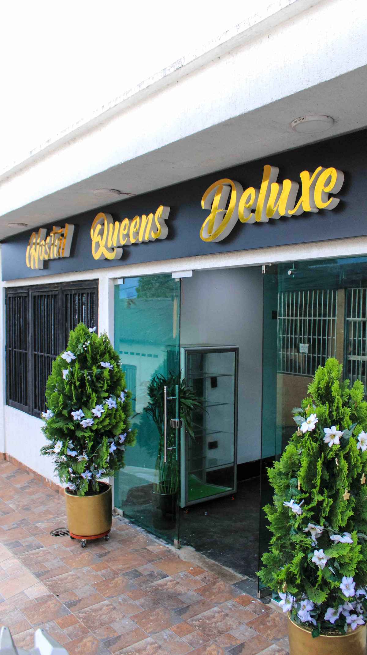 The entrance features a modern facade with the name 'Crystal Queens Deluxe' elegantly displayed in gold lettering. Flanking the entrance are two potted evergreen plants adorned with white flowers. The glass door allows a view into the indoor space, inviting guests to explore further.