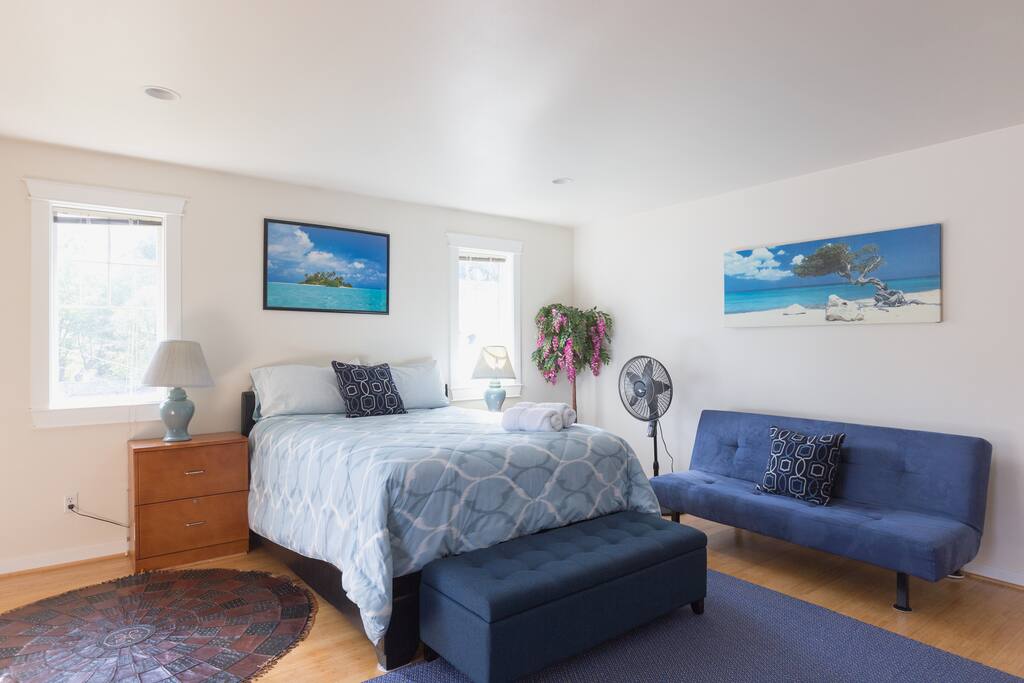 Queen-size bed with a sofa-bed
