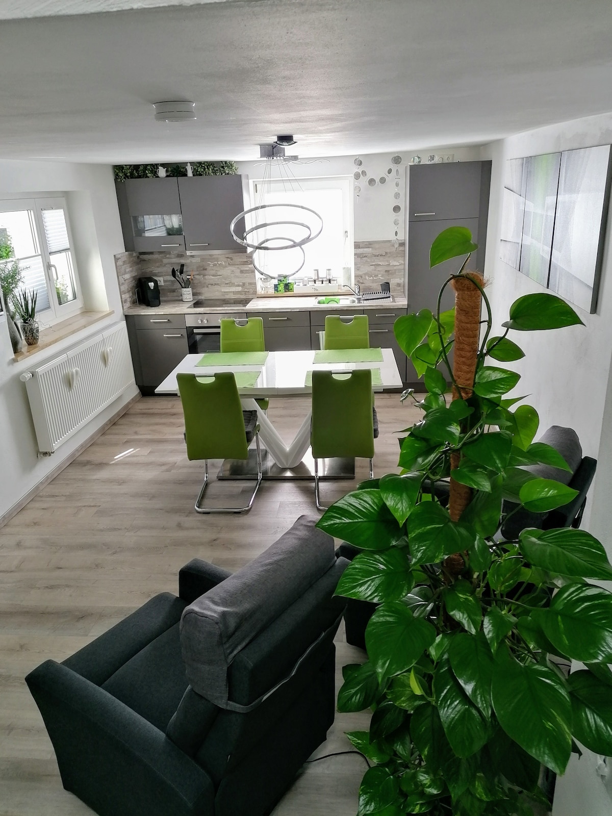 A modern kitchen is complemented by a dining area featuring a white table with four green chairs. A cozy seating area with gray sofas is visible, along with a decorative indoor plant that adds a touch of greenery to the space. Natural light enters through the windows.