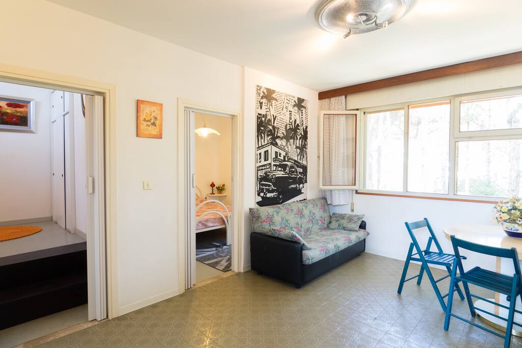 Ampio soggiorno con divano letto doppio. Double bed sofa
