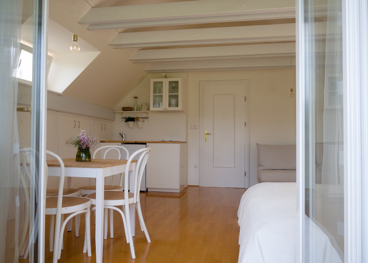 A bright and airy room is shown, featuring a light wooden floor and exposed beams. A dining table with four white chairs is set beneath natural light from the window. A cozy sofa is positioned nearby, complemented by a kitchenette against the wall.