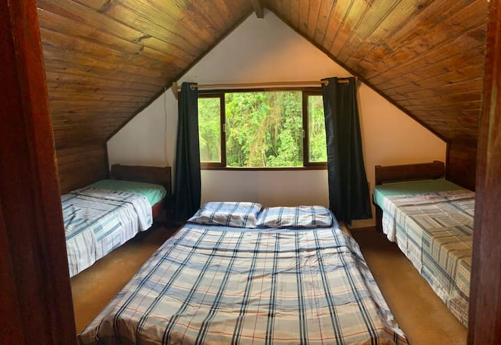 Dormitorio en el segundo piso: 4 camas individuales O 1 cama doble y 2 camas individuales. Vista totalmente verde del arroyo detrás de la casa.