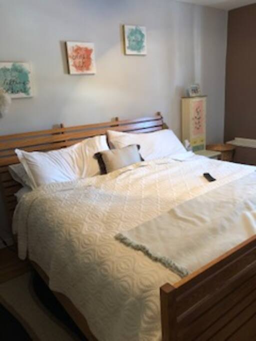 King size bed in master bathroom, AC unit in room