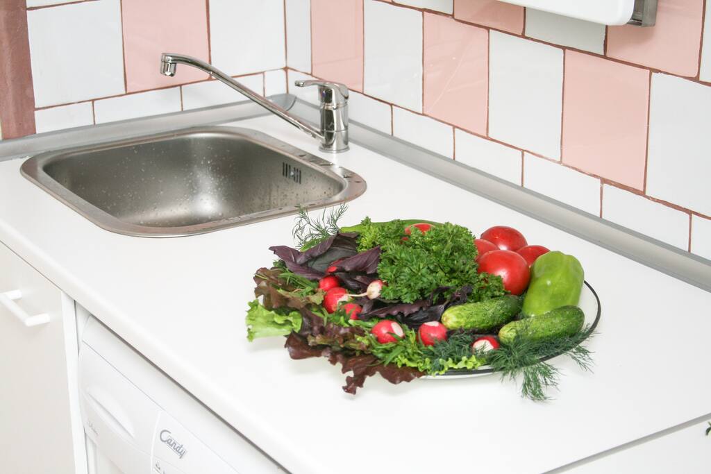 Кухня/Kitchen овощи и зелень с центрального рынка, все очень свежее и вкусное. Зелень в Кисловодске особо свежая, сочная, очень пышная. Климат делает ее очень богатой витаминами и микроэлементами. На фотографии салаты, тархун, базилик, кинза, укроп, петрушка кучерявая и обычная.
