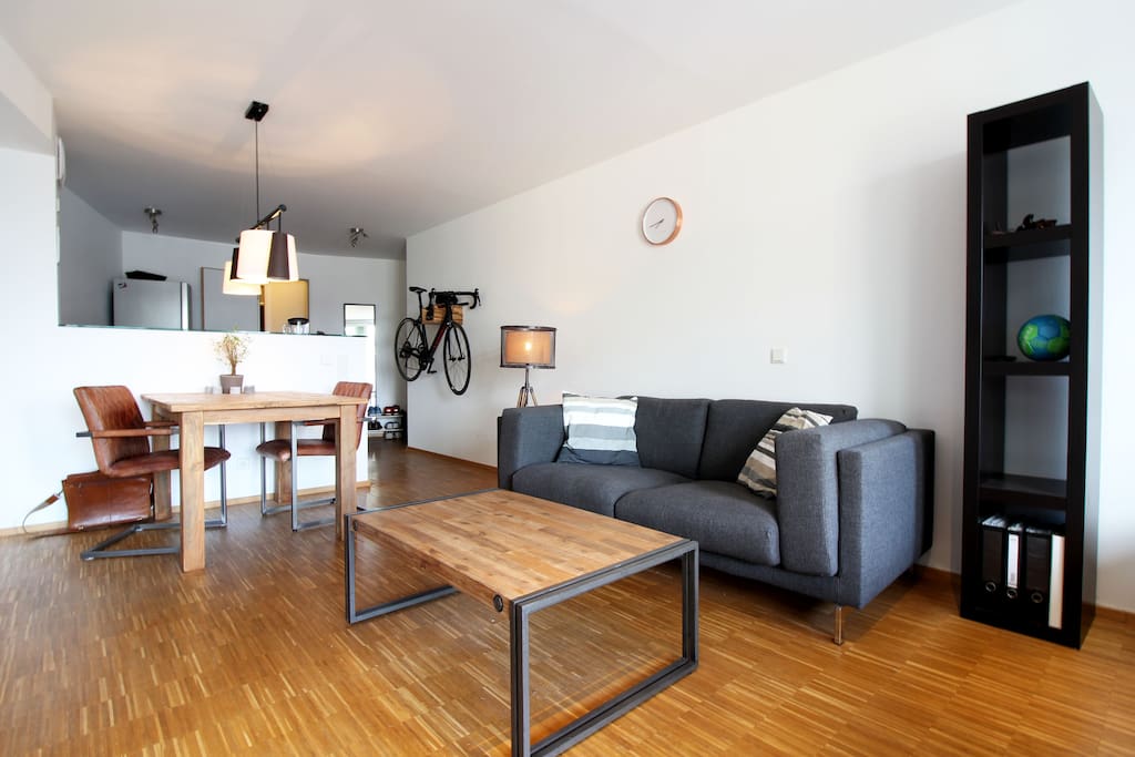 Couch table and dining table offer an industrial design.