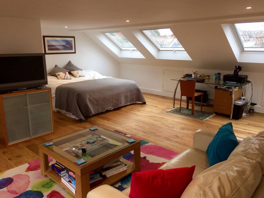 Loft bedroom with Kingsize bed (can be split in to two singles) and lounge area.