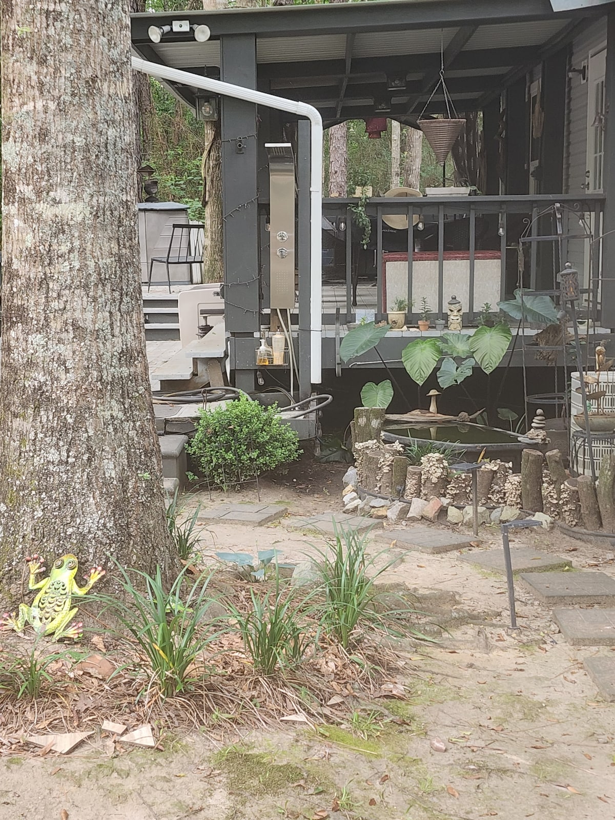 A tranquil outdoor space features a stone path lined with ornamental plants. A frog statue adds a whimsical touch, while a shaded area presents a variety of potted greenery. Behind, a deck with seating offers an inviting space for relaxation amidst nature.