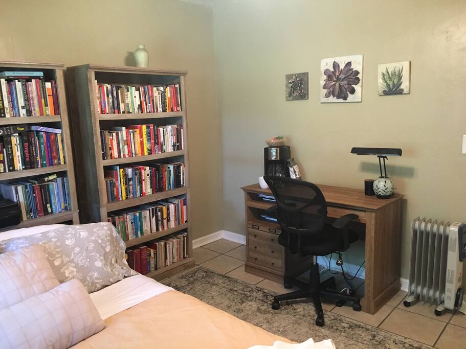 Desk with comfy chair and coffee set.