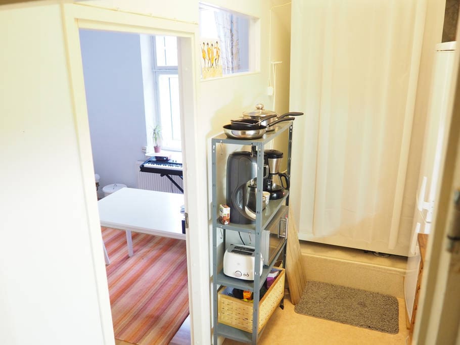 This is the kitchen and glimpse of the the other room. Behind the white curtain there is a shower and a tiny Finnish sauna.