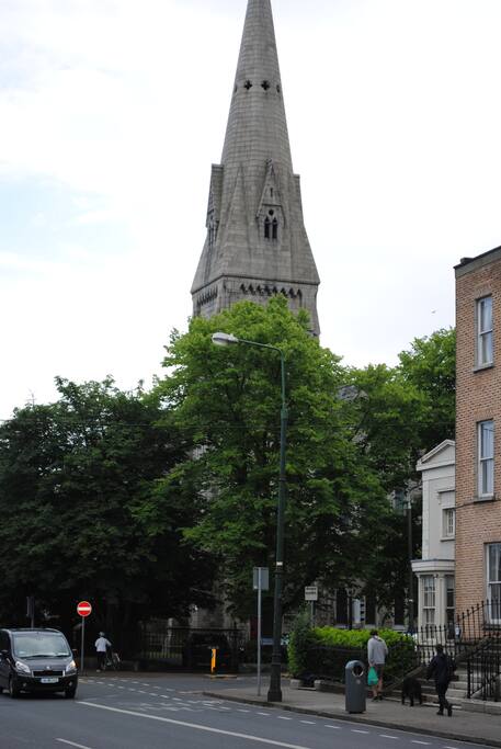 Leeson St Upper looking South towards Romanian Orthodox Church. Northbrook Road is behind Church to the right.
