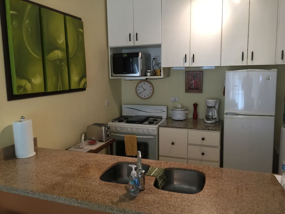Full size stove, refrigerator and microwave.