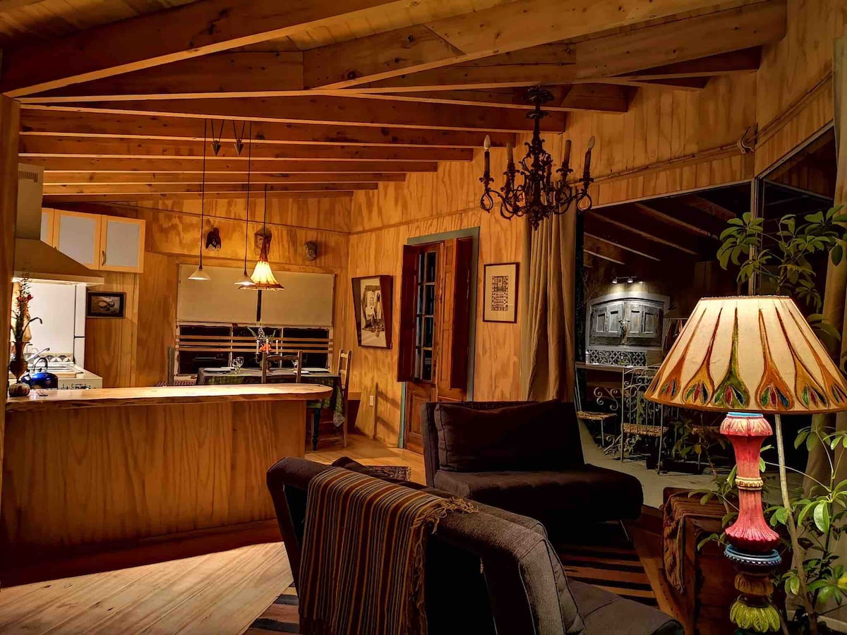 The living area showcases wooden walls and high, exposed beams. A cozy seating arrangement is complemented by a decorative lamp and a rustic chandelier. A kitchen area is visible, along with a glimpse of the outdoor space through large windows.