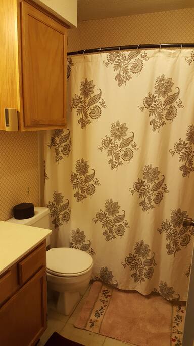 Private bathroom with tub and vanity.