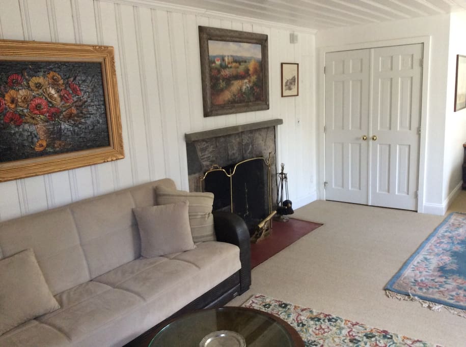 Couch and fireplace